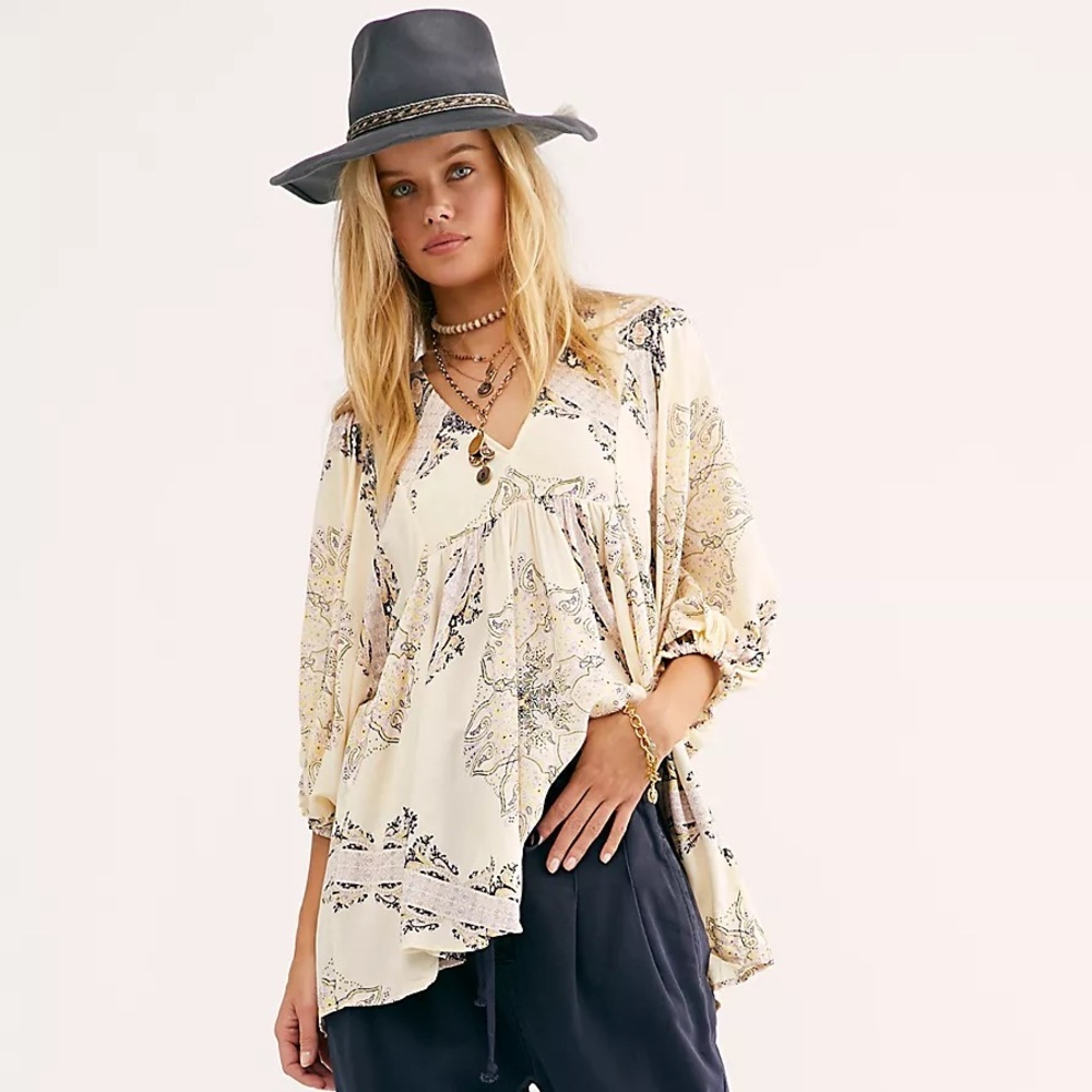 Free People Girl Talk Babydoll Tunic Top Ivory Lavender Medallion Boho Hippie XS